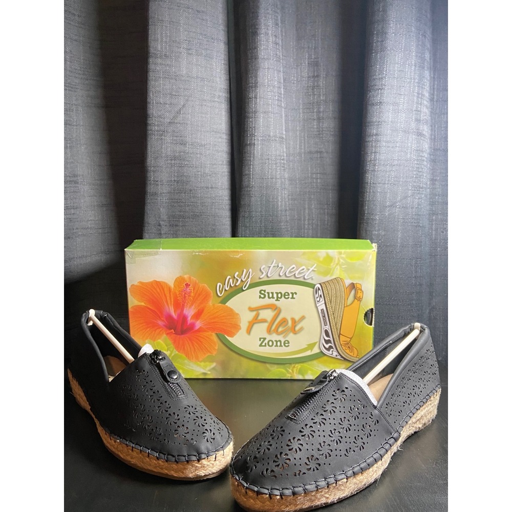 Easy Street Zenon Espadrille Wedge Women 8.5W Black New Laser Cut Zipper Shoe